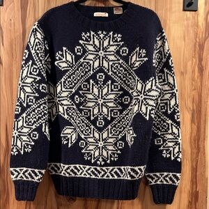 Vintage Navy and White Snowflake Pattern Sweater 100 percent wool